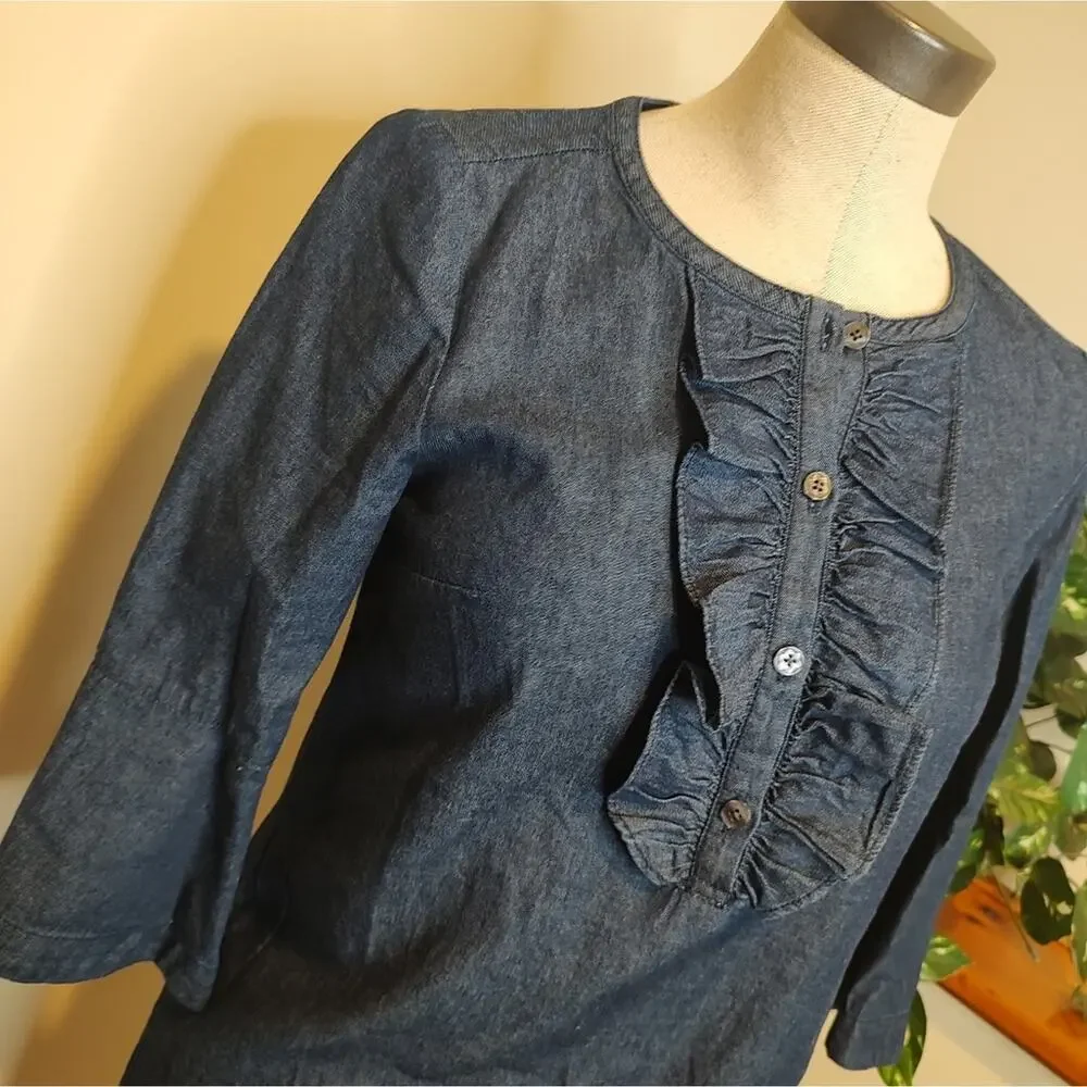 Draper James Denim Chambray Cotton Shift Dress with Ruffle Neckline Size 0